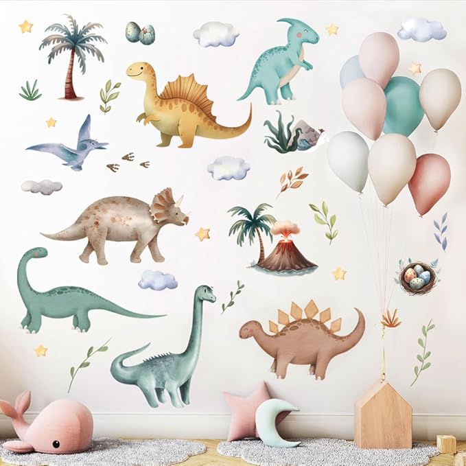Cute Dinosaur Wall Sticker Peel and Stick Dino Wall Decal Palm Tree Volcano Wall Art Decor Green Plant Wall Sticker for Bedroom Nursery
