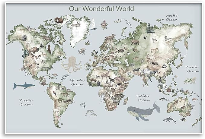 Educational Posters for Toddlers 1-3, Toddler Learning Poster for Kids Ages 3-5, World Map Canvas Print Nursery Preschool Homeschool Kindergarten Classroom Decor 16x24 Inch Unframed B