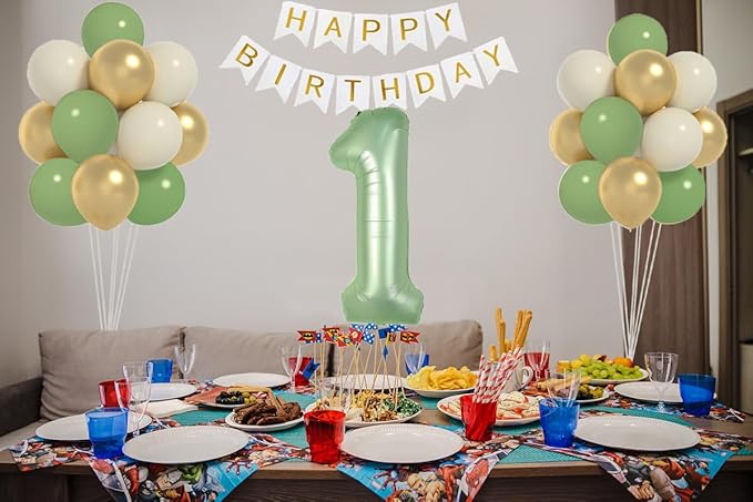 Sage Green First Birthday Decorations For Boys, 40inch Olive Green Number 1 Balloon And Happy Birthday Banner Set With 12inch Sage Green Cream Metallic Gold Balloons For Kids 1st Birthday Decorations
