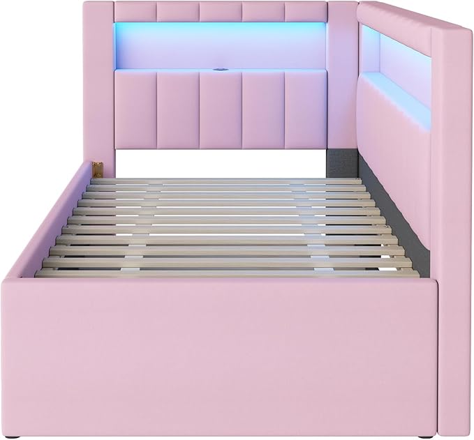 Twin Size Daybed with Trundle and L-Shaped Bookshelf Headboard, Linen Upholstered Soft Corner Bed with Storage Shelves, Charging Station and LED Belt for Kids Boys Girls, Pink