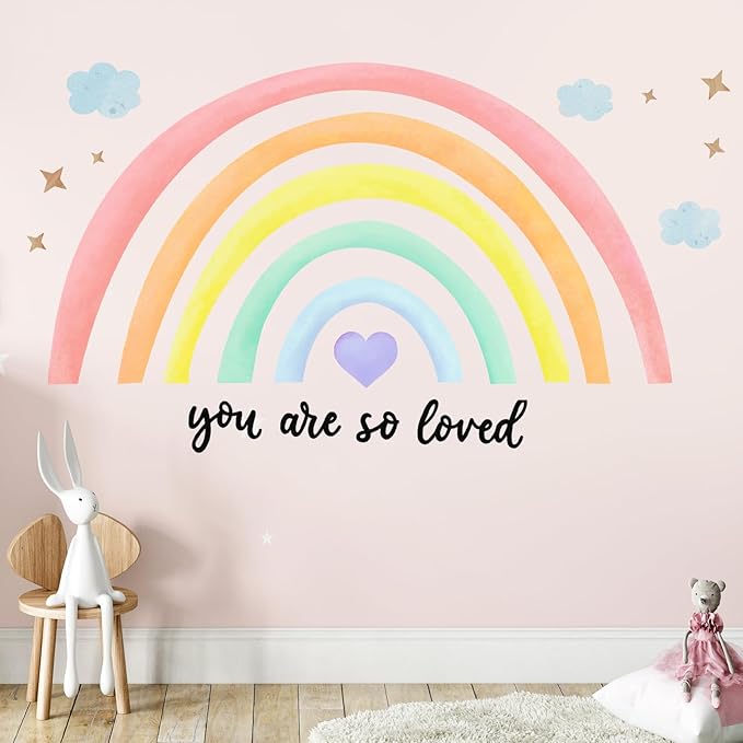 Containlol Rainbow Wall Decals, Playroom Wall Decor for Girl Room, Watercolor Peel and Stick Wallpaper, Boho Wallpaper 30 x 14 Inch Heart Art Stickers for Toddler Bedroom Nursery(Light Color,Lively)