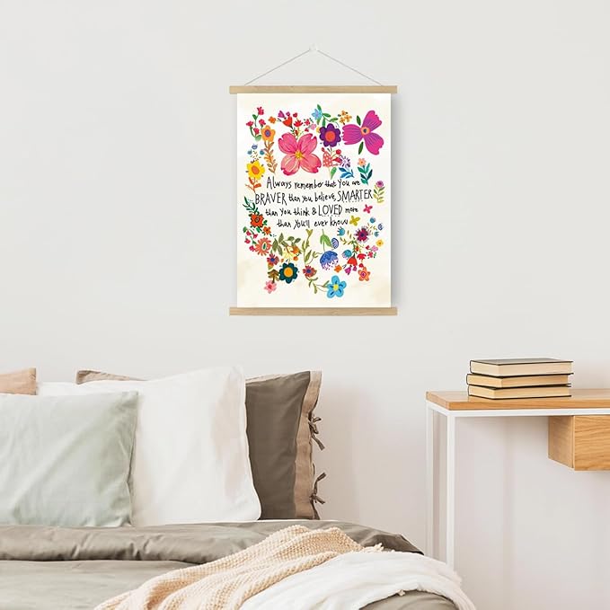 Qswo Inspirational Quotes Wall Decor for Women,Always Remember That You Are Braver Than You Believe Wall Art Poster Hanger Frame,Motivational Hanging Canvas Wall Decor for Girl Room Home Office