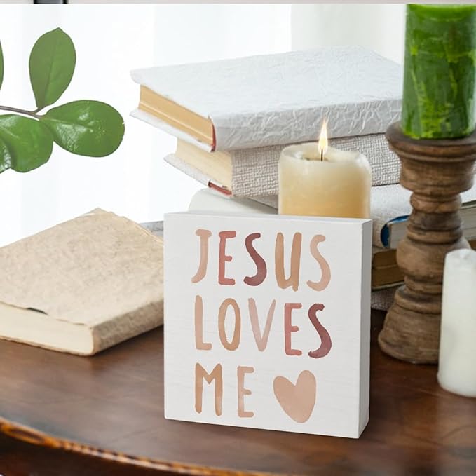 Baby Girls Nursery Decor - Jesus Loves Me Christian Gifts Wood Sign Wall Art Decoration, Boho Neutral Bible Verse Kids Boys bookshelf Decorations, Toddler Girls Room Decor 5x5