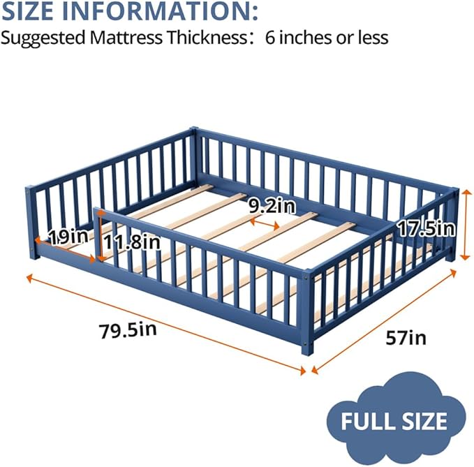 i-POOK Full Floor Bed Frame with Wood Slats, High Fence & Small Door, Pinewood Montessori Floor Bed for Girls and Boys, Mist Blue