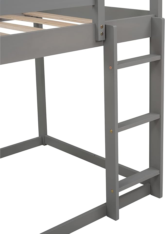 MERITLINE House Shaped Bunk Bed Twin Over Twin Size Wood Bunk Bed with Slide Low Bunk Beds for Boys and Girls, Twin Size, Grey