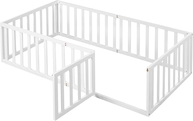 Merax Twin Floor Bed with Safety Guardrails and Door, Wood Montessori Floor Bed Frame for Kids, Twin Playhouse Bed Frame for Baby Girls and Boys, White