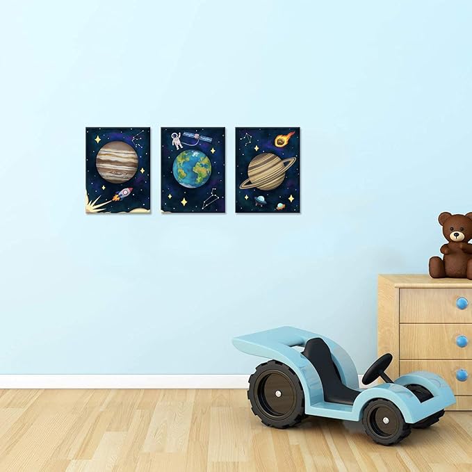 iHAPPYWALL 3 Pieces Outer Space Canvas Wall Art Abstract Universe Planet Jupiter Saturn Earth Painting for Boys Kids Room Bedromm Wall Decoration Ready to Hang 12x16inchx3pcs