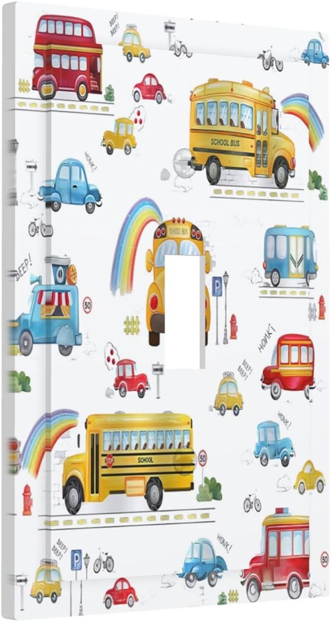 Kids Bus Taxi Truck 1 Gang Single Toggle Light Switch Covers Decorative Wall Plate Switchplate Electrical Faceplate for Nursery Kidsroom Bedroom Decor