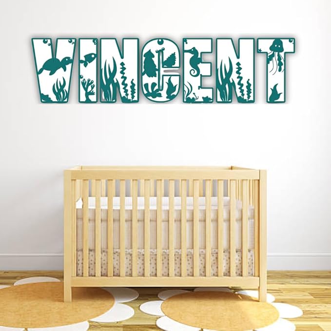 Personalized Wooden Name Sign - Custom Baby Name Signs for Nursery & Kids Room, Baby Announcement Sign, Wall Name Signs Personalized, Round Wooden Letters for Nursery Decor (Sea Animal 3D)