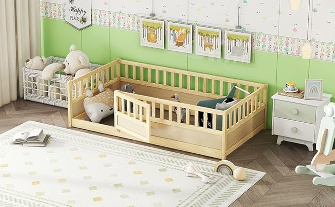 GDFStudio Twin Size Toddler Floor Bed Frame with Door & Guardrails, Toddler Twin Bed Frame for Kids Boys Girls, Low to Floor Child Bed Rail Design, Wooden Floor Bed for Baby, No Support Slat, Natural