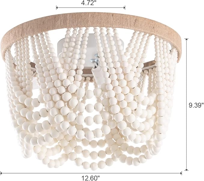 VILUXY Bohemia Wood Beaded Flush Mount Ceiling Light Antique Rustic Mini Chandelier White Finishing for Bedroom,Nursery Room, Girl Room, Hallway, Entryway, Passway, Dining Room, 3-Light UL Listed