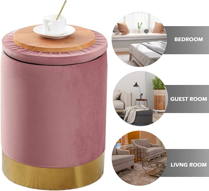 Mxfurhawa Velvet Storage Ottoman Multipurpose Footrest Stool with Metal Base Modern Round Vanity Stool Chair Ottoman Foot Stools Support 300 lbs Padded Seat for Living Room (Dusty Rose (Velvet))