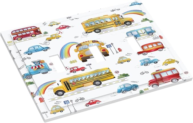 Kids Bus Taxi Truck 3 Gang Light Switch Covers Triple Toggle Wall Plate Decorative Switchplate Electrical Faceplate for Nursery Kidsroom Bedroom Decor