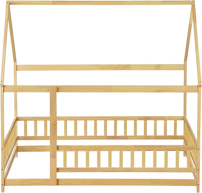 Ball & Cast Full Size Floor Bed,Montessori Bed with Roof & Safety Guardrails Design,Wooden Toddler House Bed Frame W/Open Door,for Girls Boys,Natural