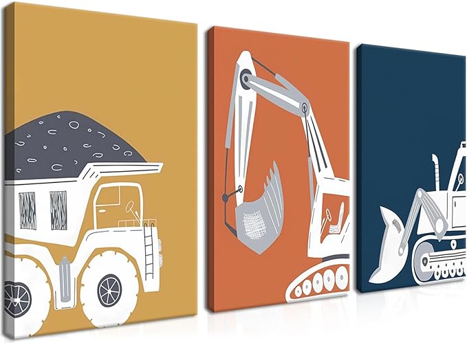 AKWISH Framed Nursery Construction Truck Wall Art Set of 3 – Cute Excavator Tractor Dump Truck Canvas Prints, Boys Bedroom and Baby Room Wall Decor, Playroom Vehicle Artwork – 16x24in