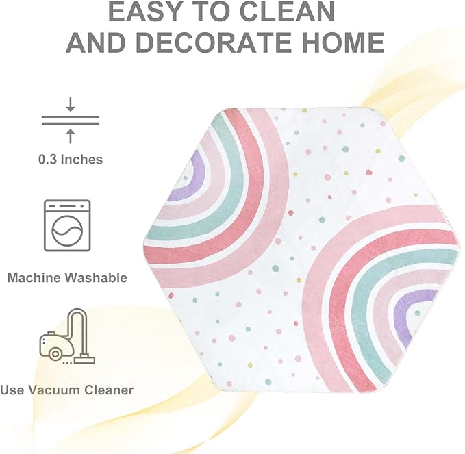 STARUIA Pink Rainbow Rug for Playroom, 55"x47" Washable Hexagon Kids Rug for Baby Girls Princess Tent Castle, Non-Slip Nursery Rugs Ultra Soft Play Carpet for Bedroom Classroom Dorm