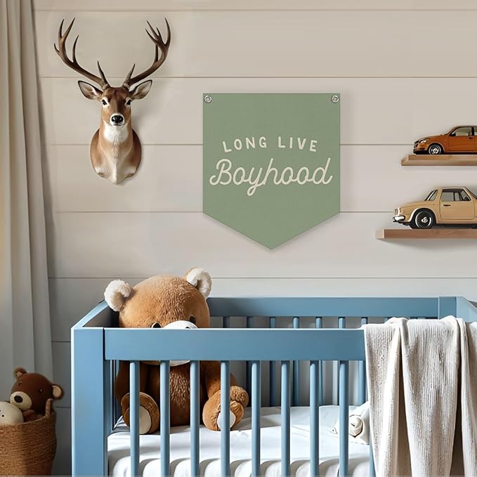Lacama Sage Green Room Decor, Long Live Boyhood Linen Banner,Vintage Boy Bedroom Wall Hanging Banner Pennant Flag Decor for Nursery Playroom Toddler Nursery Decor Kids Room,12.4x14 in