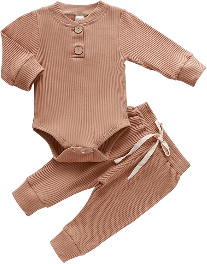 Newborn Baby Boy Girl Clothes Ribbed Knitted Cotton Long Sleeve Romper Long Pants Solid Color Fall Winter Outfits