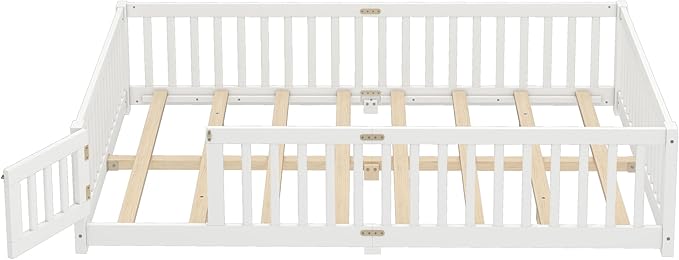 Bellemave Queen Size Floor Bed Frame with Slats and Safety Guardrail, Wood Queen Size Montessori Floor Bed with Door and Fence, Easy Assemble Montessori Beds for Kids, Girls, Boys, White