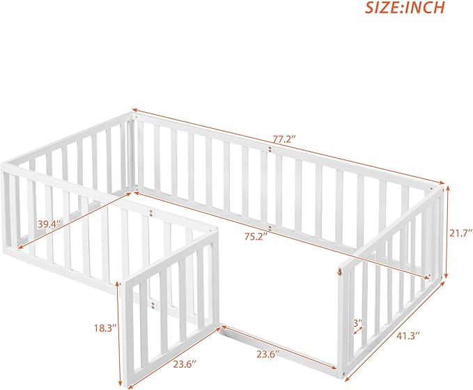 Merax Twin Floor Bed with Safety Guardrails and Door, Wood Montessori Floor Bed Frame for Kids, Twin Playhouse Bed Frame for Baby Girls and Boys, White