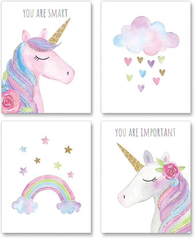 Watercolor Unicorn Nursery Wall Art Girls Room Decor Inspirational Rainbow Flower prints Baby Girls Room Poster Colorful Picture Cute Paintings for Kids Room Lovely Gift (8x10 inch，Set of 4，Unframed)