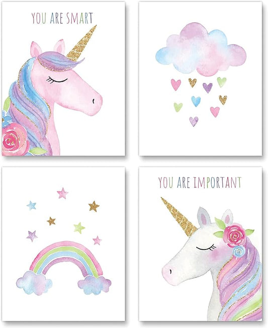 Watercolor Unicorn Nursery Wall Art Girls Room Decor Inspirational Rainbow Flower prints Baby Girls Room Poster Colorful Picture Cute Paintings for Kids Room Lovely Gift (8x10 inch，Set of 4，Unframed)