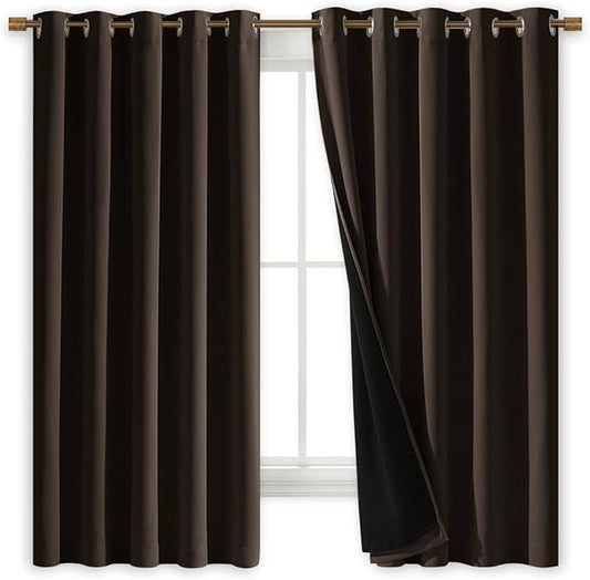 NICETOWN Complete 100% Blackout Curtains, Thermal Insulated & Energy Efficiency Window Draperies with Black Liner, Noise Reducing Short Curtains for Kids Room (Brown, 70-inch W by 63-inch L, 2 Panels)