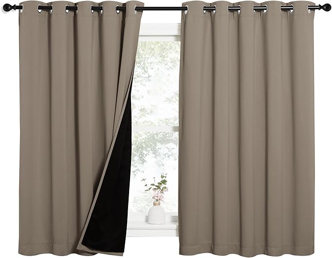 NICETOWN 100% Blackout Curtains with Black Liners, Thermal Insulated Full Blackout 2-Layer Lined Drapes, Energy Efficiency Window Draperies for Bedroom (Taupe, 2 Panels, 62-inch W by 63-inch L)