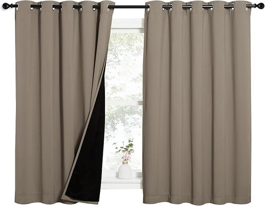 NICETOWN 100% Blackout Curtains with Black Liners, Thermal Insulated Full Blackout 2-Layer Lined Drapes, Energy Efficiency Window Draperies for Bedroom (Taupe, 2 Panels, 62-inch W by 63-inch L)
