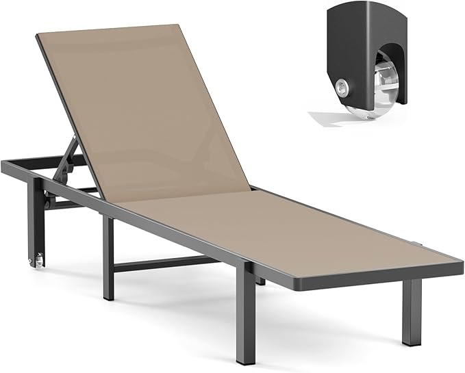 Ciokea Aluminum Chaise Lounge Chair Outdoor with Wheels, Patio Lounge Chair with Adjustable 5-Position Recliner and Full Flat Tanning Chair for Patio, Beach, Pool, Khaki