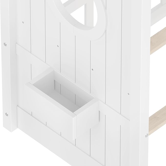 Linique Twin Size Floor Bed Playhouse Design with Storage Shelf, Low Profile Wooden Pitched Roof House Platform Bed Frame,No Box Spring Needed(White)