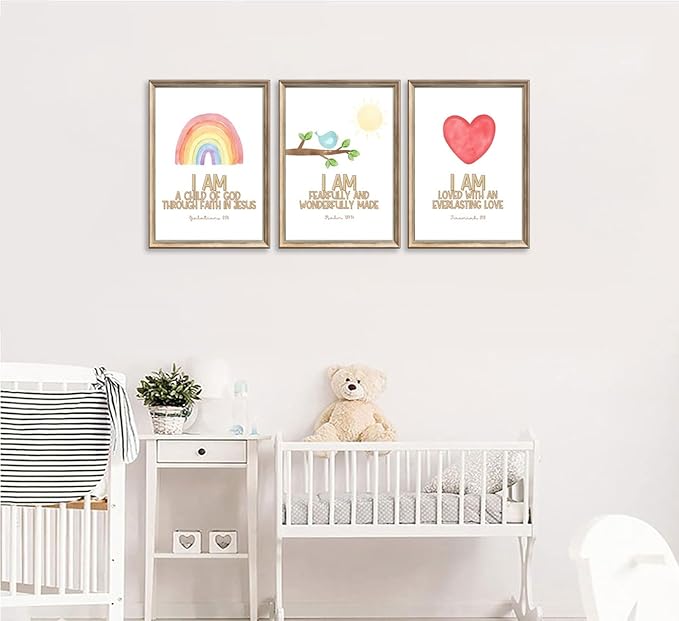 3Pcs Nursery Bible Verse Canvas Wall Art Colorful Rainbow Motivational Affirmation Wall Decor Pictures Christian Kids Scripture Introduction Posters Prints for Kids Room Nursery Home Decoration