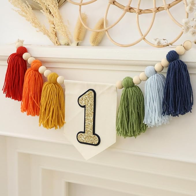 Handmade Rainbow 1st Birthday High Chair Banner Party Decoration For Girl Baby Wall Hangings Decorative Happy One Birthday Boy Photoshoot Props Photo Props