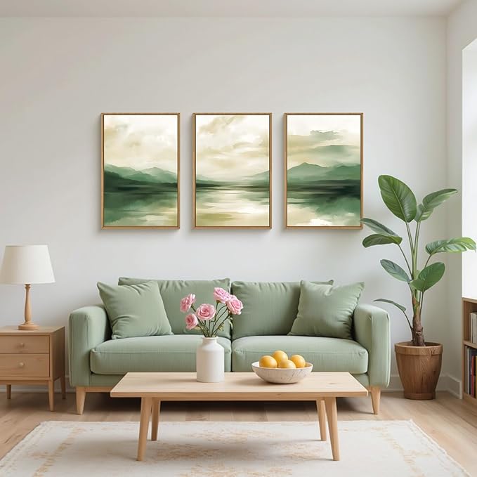 FWIEXA Sage Green Abstract Canvas Wall Art Set of 3, Framed Beige White Mountain Painting, Neutral Watercolor Landscape Prints, Nature Mountains Lake Prints, 16x24In Artwork for Living Room, Bedroom
