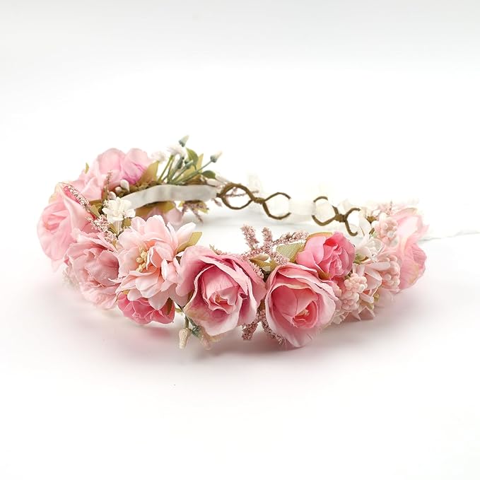 Birthday Party Flower Crown for Girls Children Floral Headpiece Pink Kids Headband Wedding Holo Hair Accessories Photo Prop (Candy Pink)
