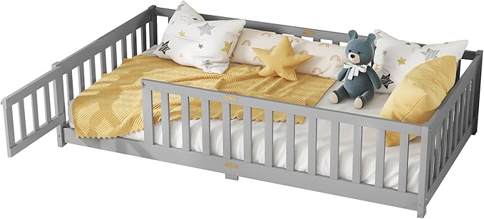 Twin Size Floor Bed for Kids, Wood Montessori Floor Beds with Fence Railings, Door & Slats Support, Twin Playhouse Bed Frame for Boys Girls, No Box Spring Needed, Gray