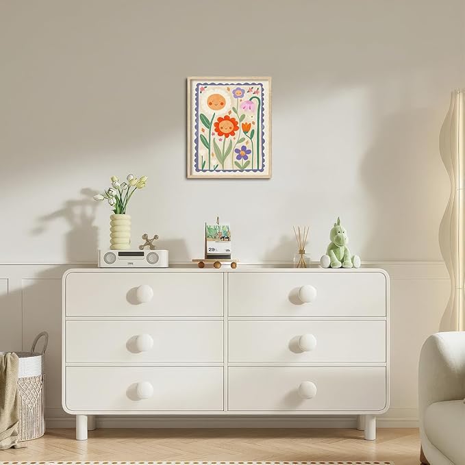 KISSFOX Framed Wall Art Nursery Wall Decor Sunflower Pictures Kids Cute Smiling Floral Canvas Art Colorful Sweet Paintings Whimsical Botanical Artwork For Children Boys Girls Room Playroom
