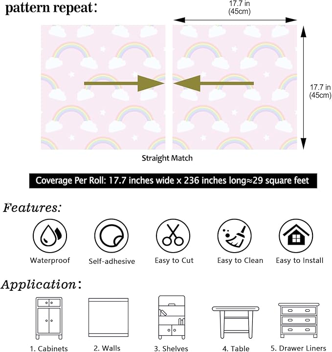 CHIHUT Cute Whimsical Rainbow Clouds Wallpaper Soft Pink Colorful Rainbows Clouds Stars Wallpaper for Kids Room Peel and Stick Wall Paper Self Adhesive Removable Contact Paper for Cabinets 17.7”x236”