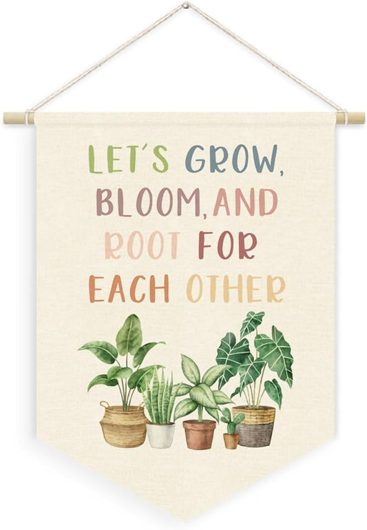 Greenery Plant Classroom Decor, Let's Root for Each Other Linen Canvas Banner for Classroom Door Playroom Homeschool,Neutral Cozy Inspirational Plants Wall Hanging Pennant Banner, 15x11in