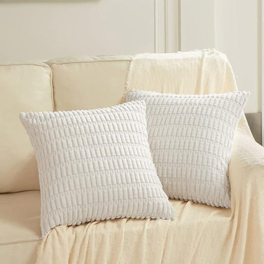 Fancy Homi 2 Packs Pure White Decorative Throw Pillow Covers 22x22 Inch for Living Room Couch Bed Sofa, Rustic Farmhouse Boho Home Decor, Soft Striped Corduroy Square Cushion Case 55x55 cm