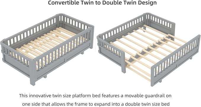 KEIKI Solid Wood Expandable Twin Size Floor Bed for Kids with Guardrails, Can Be Converted into a Double Twin Bed Platform, Montessori Low Profile Bedframe Daybed for Girls Boys, No Box Spring Needed