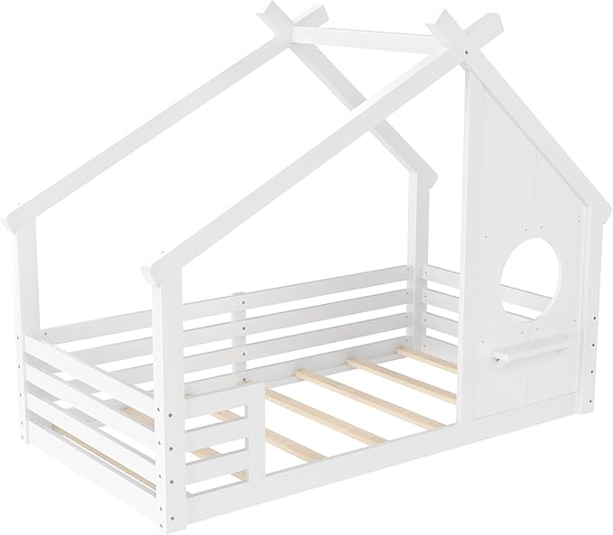 Polibi Twin Size House Floor Bed with Window and a Small Shelf, Solid Wood Low Profile Floor Bed for Kids, No Box Spring Needed, White
