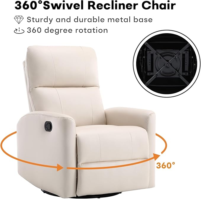 Swivel Rocker Recliner Chair, Manual Faux Leather Glider Rocking Recliners for Adults, 360° Swivel Nursery Reclining Sofa with Padded Backrest for Living Room, White