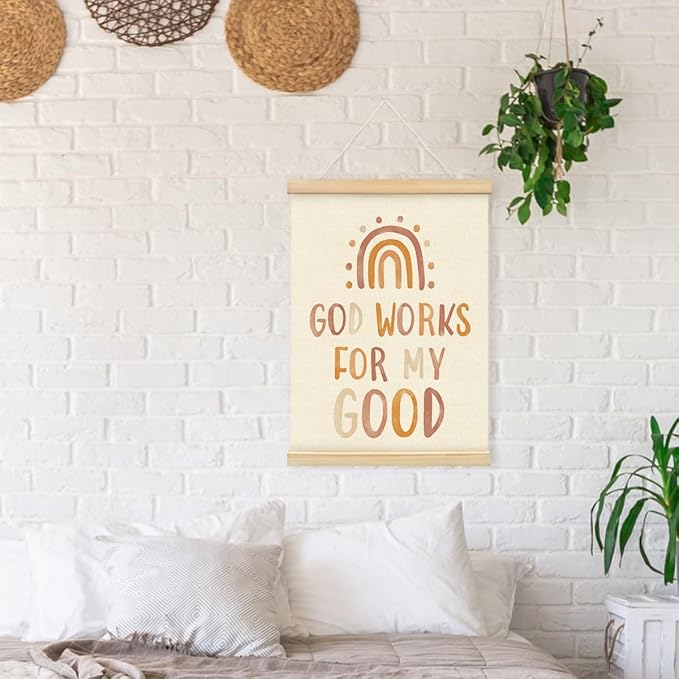 PLKMN Christian Nursery Wall Decor, God Works for My Good Wall Art with Wooden Poster Hanger, Boho Rainbow Christian Wall Decor for Nursery Kids Room Sunday School Preschool Classroom, 12x16 Inch
