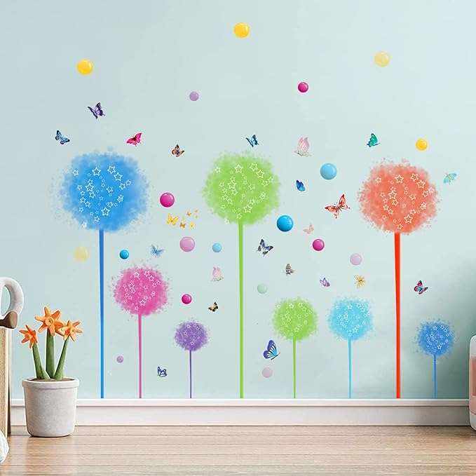 2 Set Dandelion Wildflower Wall Decals Art, Wall Art Stickers Peel and Stick Floral Butterflies Flying Decor for Girls Kids Women Baby Nursery Room Bedroom Bathroom Sofa Backdrop TV(Colorful)