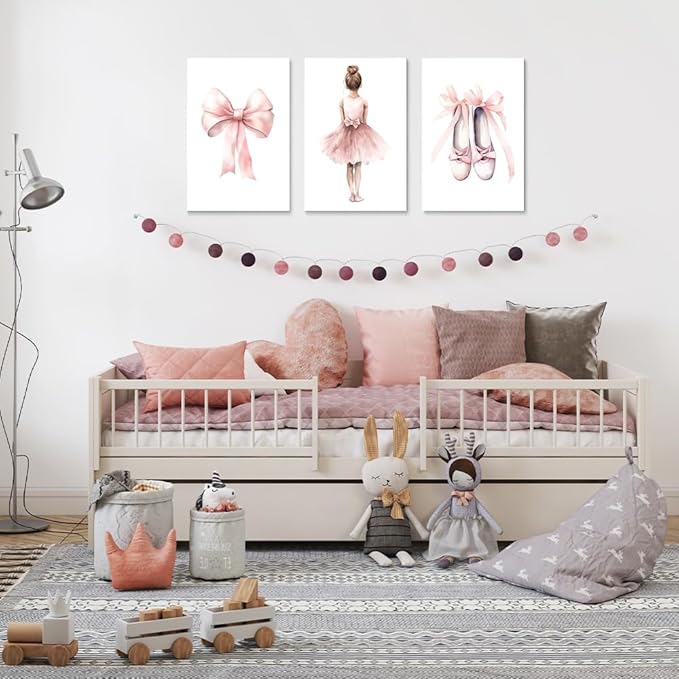 Set of 3 Baby Girl Pink Ballet Nursery Wall Art, Girl's Room Ballet Dancer Posters, Pink Bow Dancing Shoes, Girls Nursery Wall Decor, Toddlers Girl Bedroom Canvas Print, Framed 12"x16"