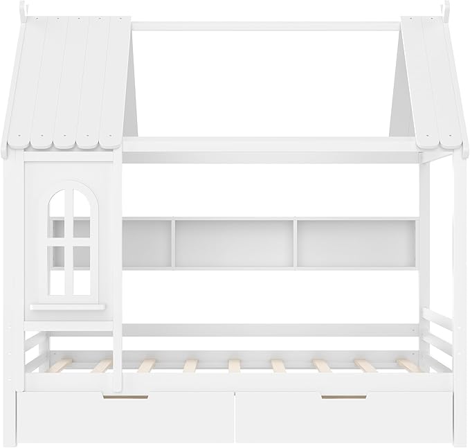 MERITLINE Full Size House Bed with Storage Drawers & Window, Solid Wood Platform Bed Frame with Shelves, No Spring Box Needed, Childlike Design for Kids, Girls, Boys, Light White
