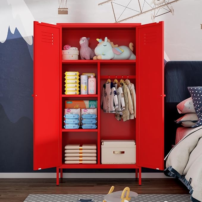 2 Door Metal Wardrobe,Classified Storage Tall Storage Cabinet with Hanging Rod&2 Freely Adjustable Shelves, Metal Armoire Closet for Kids Bedroom, Laundry Room,Home (red)