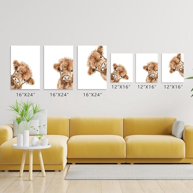Peeking Cow Nursery Wall Art, Cute Highland Cow Print, 3 Piece Watercolor Baby Animal Nursery Wall Decor, Farmhouse Picture for Baby Boy Girl Room Decor, Framed Canvas Set, 16"x24"x3