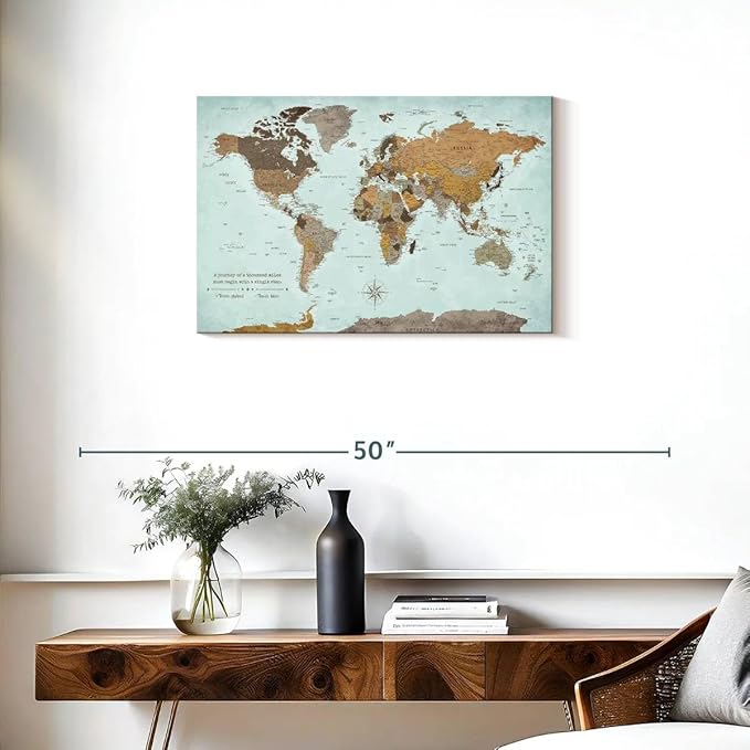 ElephantStock - A Thousand Miles World Push Pin Map Wall Art - Horizontal Canvas Wall Art - Living Room Wall Decor - Printmaking Map Canvas Art - Blue And Brown Decor - 30" x 20"